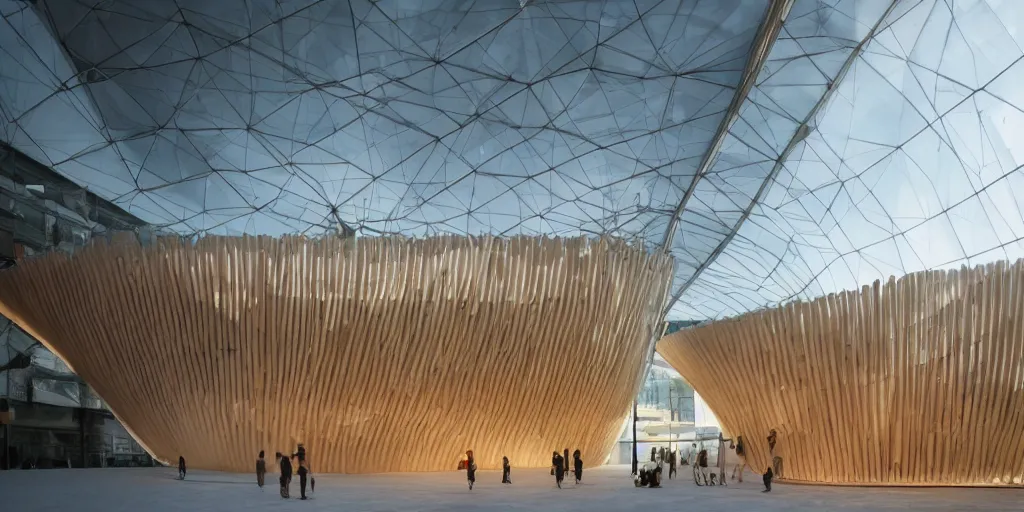 Image similar to a beautiful futuristic museum made out of translucent wood