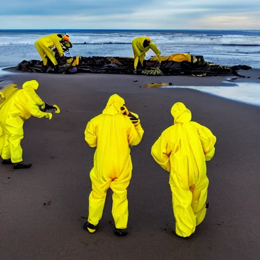 Image similar to Professional Photography, long shot, People in yellow chemical hazmat suits are investigating a huge creepy black creature washed up on the beach.