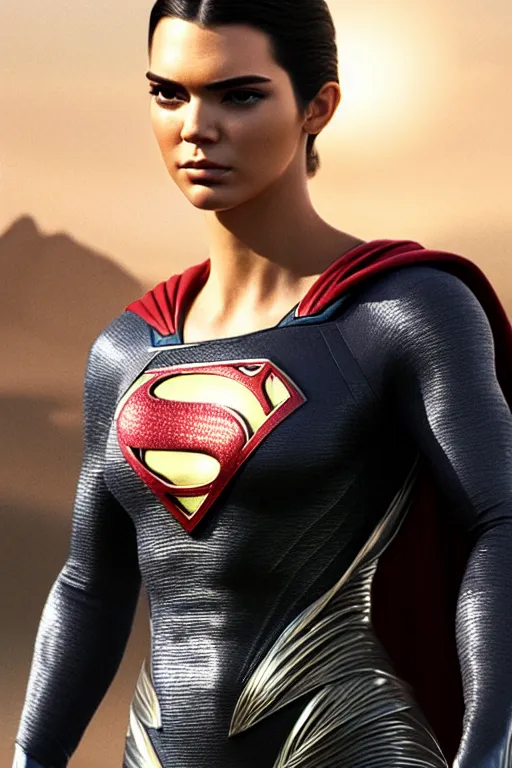 Image similar to a fancy close up of Man of Steel cast as Kendall Jenner by Greg Rutkowski, Sung Choi, Mitchell Mohrhauser, Maciej Kuciara, Johnson Ting, Maxim Verehin, Peter Konig, 8k photorealistic, cinematic lighting, HD, high details, dramatic, trending on artstation, full body shot