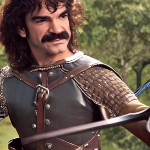 Image similar to inigo montoya swinging his sword photo realistic 4 k, extremely high quality