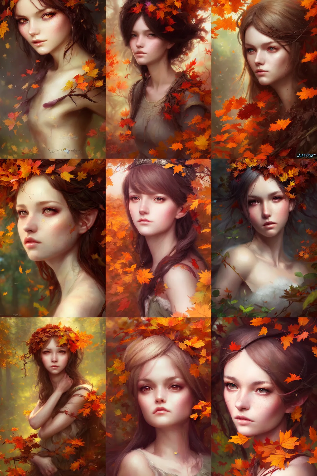 Prompt: a ( girl as personification of autumn season ), beauty portrait, fantasy forest, digital art by krenz cushart, laurie greasly, wlop, artgerm, intricate, highly detailed, sharp focus, smooth, epic composition, joyful, unreal engine