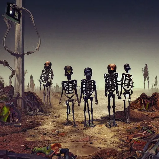 Prompt: colorful detailed digital art of a group of skeletons standing in the dirt, concept art by filip hodas, cgsociety, sharp details, cynical realism, apocalypse art, dystopian art, apocalypse landscape