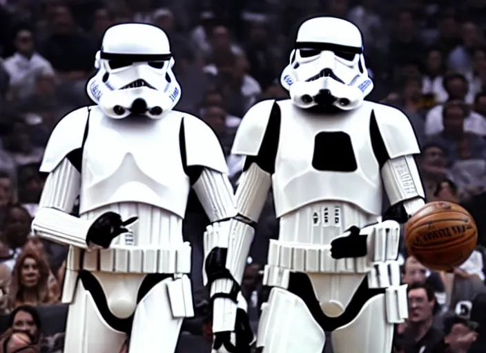 Prompt: ESPN still of Storm Trooper playing in the nba playoffs live on espn, 4k