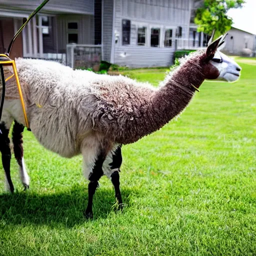 Image similar to llama using a lawn mower to mow the lawn