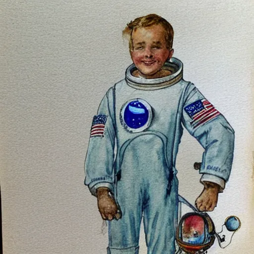 Image similar to Orville Houghton Peet and William Simpson and Jean Gautier watercolor painting sketch of a boy super scientist in a retro home made astronaut suit