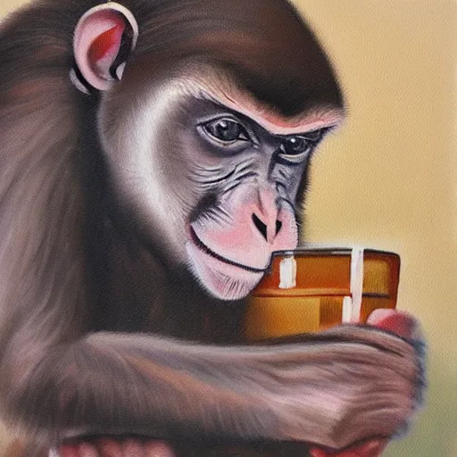 Prompt: cute oil painting of a monkey drinking water