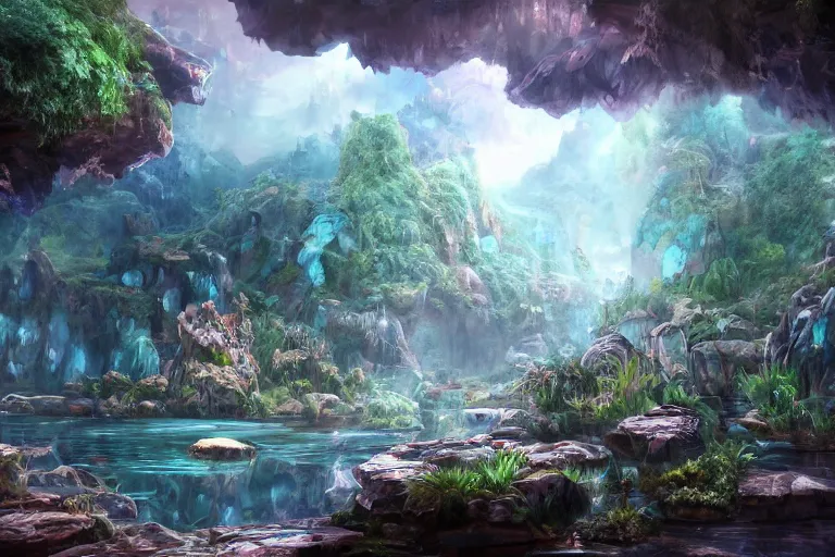 Image similar to beautiful stunning painting of a deep mysterious rocky varied cave landscape filled with large magic glowing clear crystals and filled with some ((plants)) and a small reflective pond, fantasy, digital art, realism, unreal engine, sharp, detailed, trending on artstation