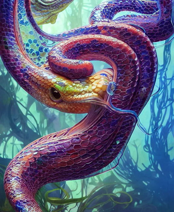 Prompt: intricate colorful transparent portrait of a terrifying beautiful alien snake creature, mottled coloring, adorable, childlike, underwater environment, ultra realistic, concept art, art nouveau, photorealistic, octane render, 8 k, unreal engine. art by christopher marley and artgerm and greg rutkowski and alphonse mucha