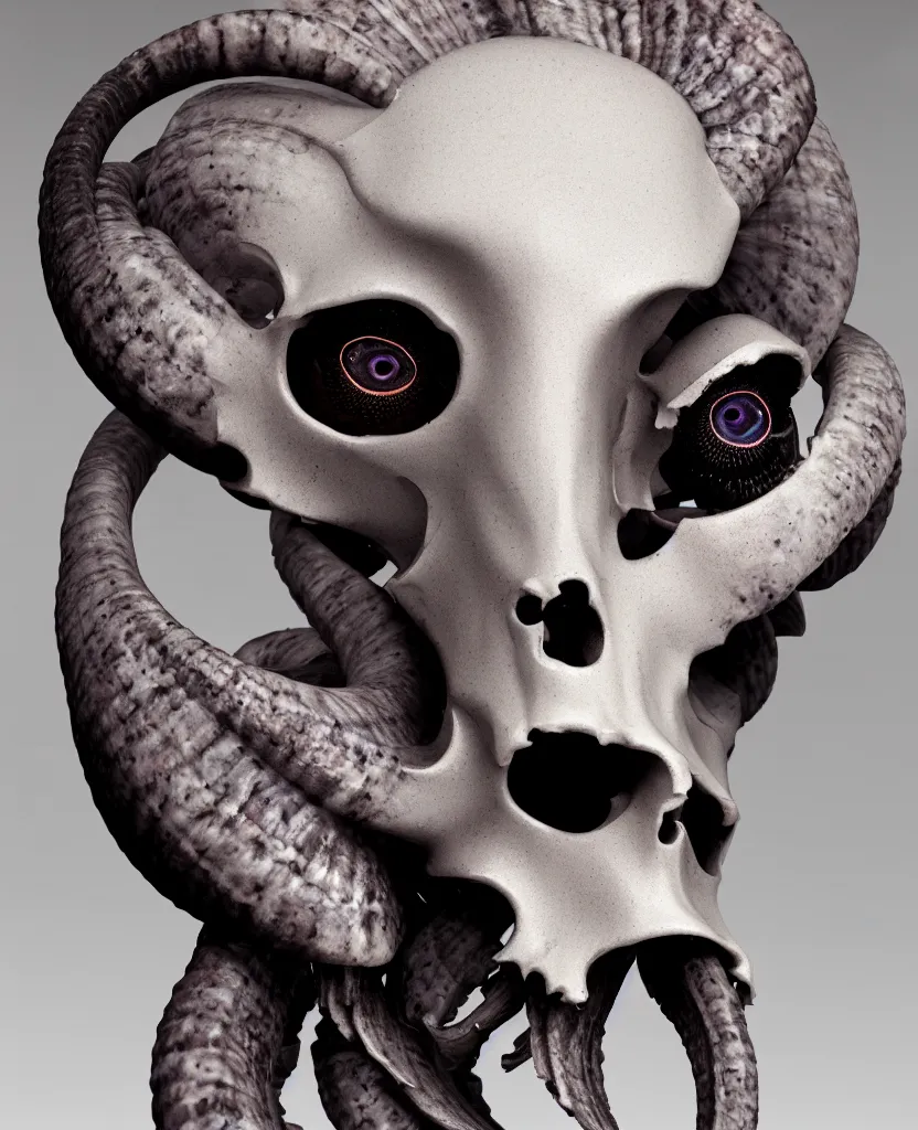 Image similar to goddess princess face close-up portrait ram skull. sculpture made of black and dichroic. jellyfish phoenix head, nautilus, orchid, skull, betta fish, bioluminiscent creatures, intricate artwork by Tooth Wu and wlop and beeple. octane render, trending on artstation, greg rutkowski very coherent symmetrical artwork. cinematic, hyper realism, high detail, octane render, 8k