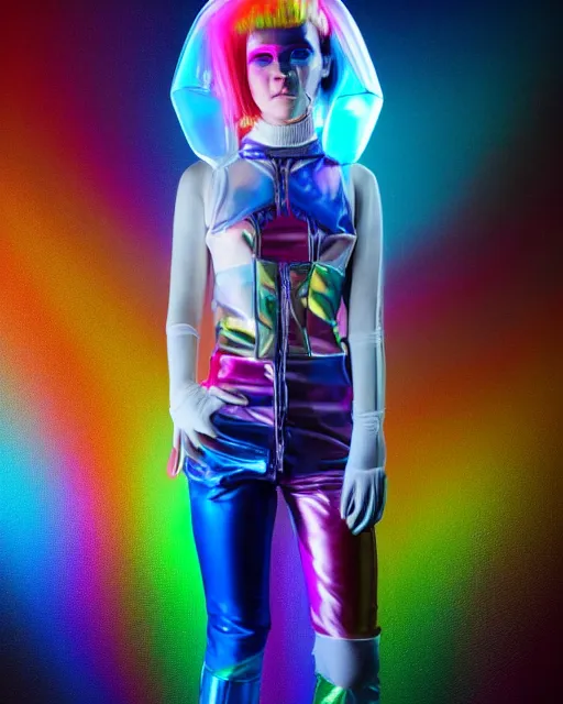 Prompt: full body shot of young punk woman dressed in futuristic cyberpunk rainbow clothing, soft light, bjork aesthetic, translucent, by rineke dijkstra and artgerm, intricate details, highly detailed, masterpiece, 8 5 mm