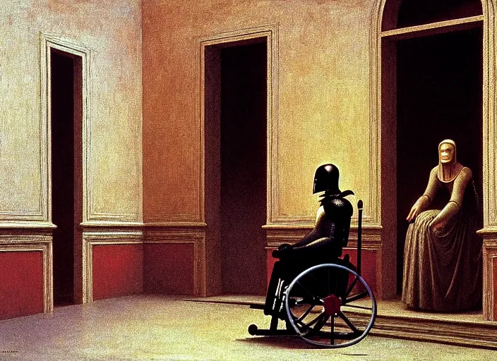 Image similar to knight in armor in a wheelchair do tricks & watch old tv, rome, highly detailed, soft lighting, elegant, by edward hopper and james gillard, zdislaw beksinski, stephen outram, andreas m wiese, carl spitzweg, highly detailed, masterpiece, unreal 6, 8 k