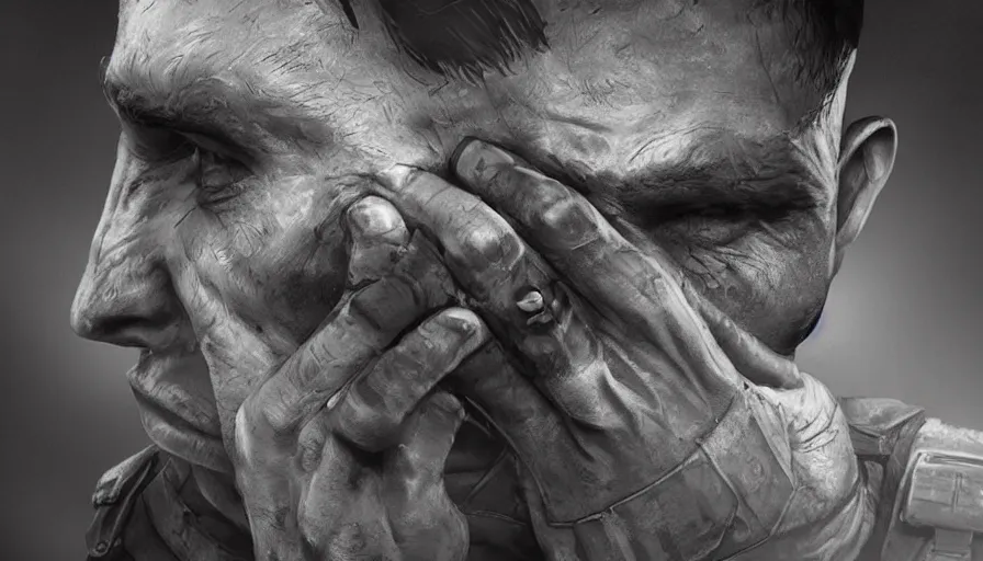 Prompt: Crying soldier during World War 2, hyperdetailed, artstation, cgsociety, 8k