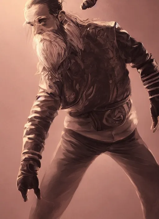 Image similar to a highly detailed illustration of bearded asian man wearing leather jacket with bandaged right hand, focused boxing philly shell stance pose, hands shielding face, intricate, elegant, highly detailed, centered, digital painting, artstation, concept art, smooth, sharp focus, league of legends concept art, WLOP