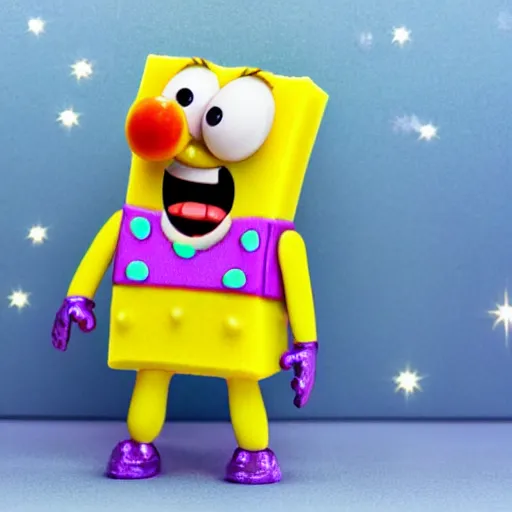 Image similar to Sponge Bob with silver-violet hair, white eyes and golden glittery dress, wide lens, diorama, 4k,