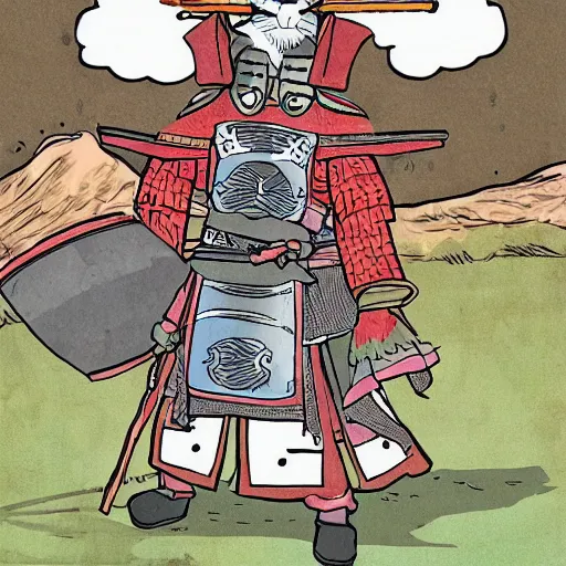 Image similar to a Sunday morning cartoon of a cat in samurai armor