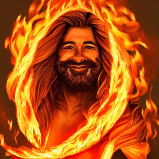 Image similar to art made of fire of a flawless man with long hair, with trimmed beard, smiling widely. fire in a shape of a man, extremely detailed, award-winning art, trending on Artstation