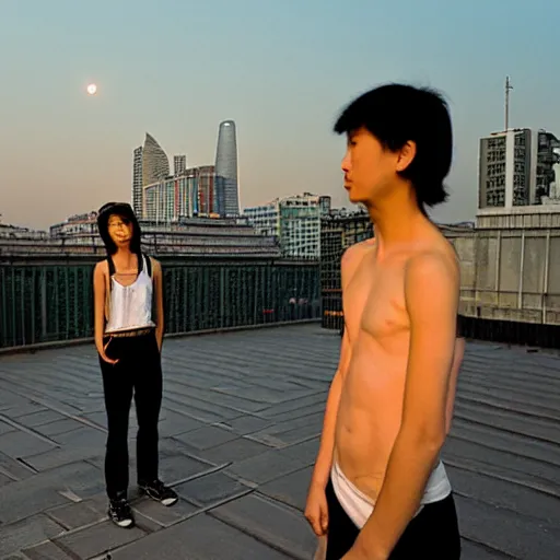 Image similar to a small rooftop with a couple of modern teenagers, standing and talking to each other, wearing black modern clothes, modern shanghai bund is on the background, sunset, by gregory crewdson, by hajime sorayama