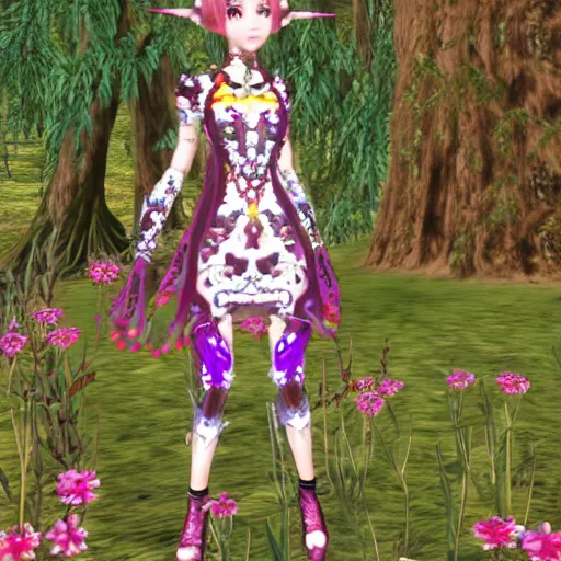 Image similar to cute female forest spirit wearing ornate floral cybernetic hungarian valentino resort dress in a 3 d psx ps 2 jrpg style, esoteric magical alien meadow ritual environment, fashion gameplay screenshot, highly detailed, atelier, xenogears