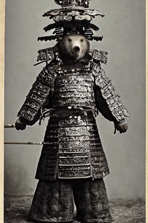 Prompt: “ grizzly bear in full ornate samurai armour, 1 9 0 0 ’ s photo ”