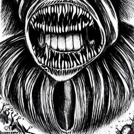Prompt: blood gorilla horror drawing by Junji Ito