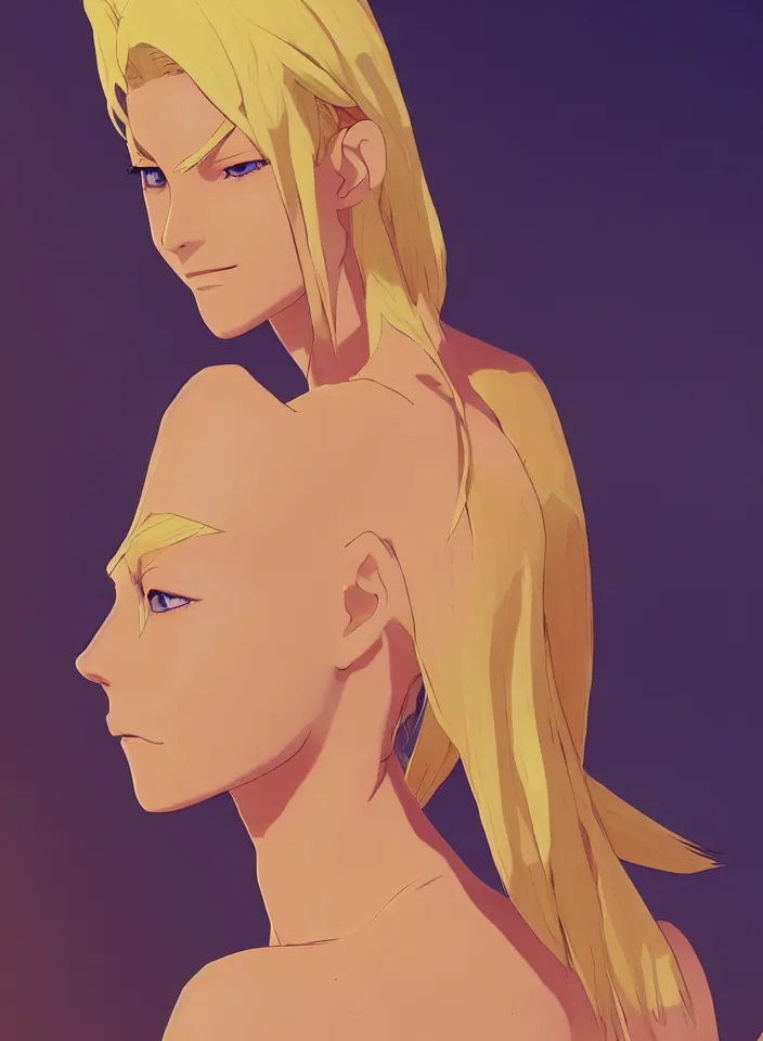 Image similar to beautiful blond woman in orange tribal bikini, blond hair pulled back off the face, green eyes, by makoto shinkai, 8 k, high resolution render, cinematic, unreal engine, clean lineart and flat color,