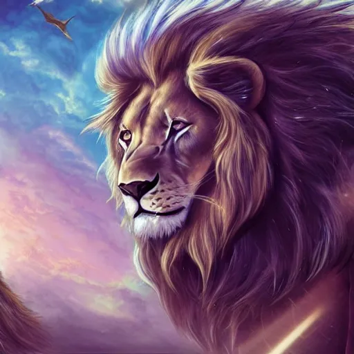 Image similar to the ancient world, hyper complexity, highly detailed, cinematic lighting, pastel colored sunrise, flying robotic lions with gold metal huge wings on the back in the sky, sharp outlines, complete whole lion body, another sleeping lion face in the clouds watching each other, hyperrealistic, trending on pixiv fanbox, love death robot,