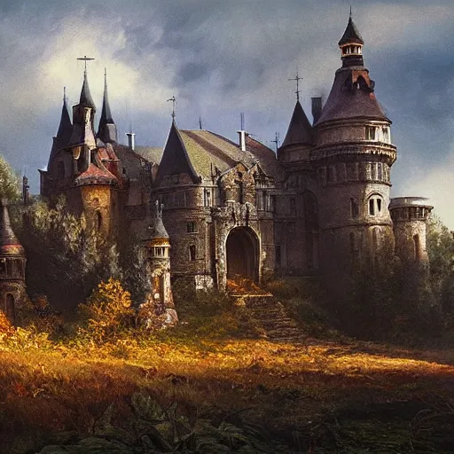 Prompt: a haunting castle in the style of zdzlaw bekinski, james gurney and ivan shishkin (oil on canvas), matte painting.