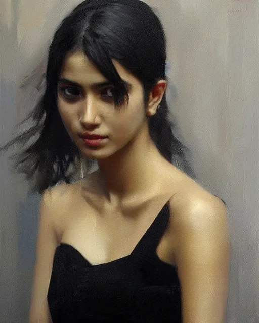 Prompt: beautiful portrait painting an gorgeous delhi girl wearing a little black dress, oil painting, art by ruan jia