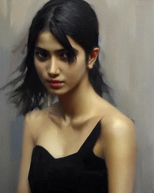 Image similar to beautiful portrait painting an gorgeous delhi girl wearing a little black dress, oil painting, art by ruan jia