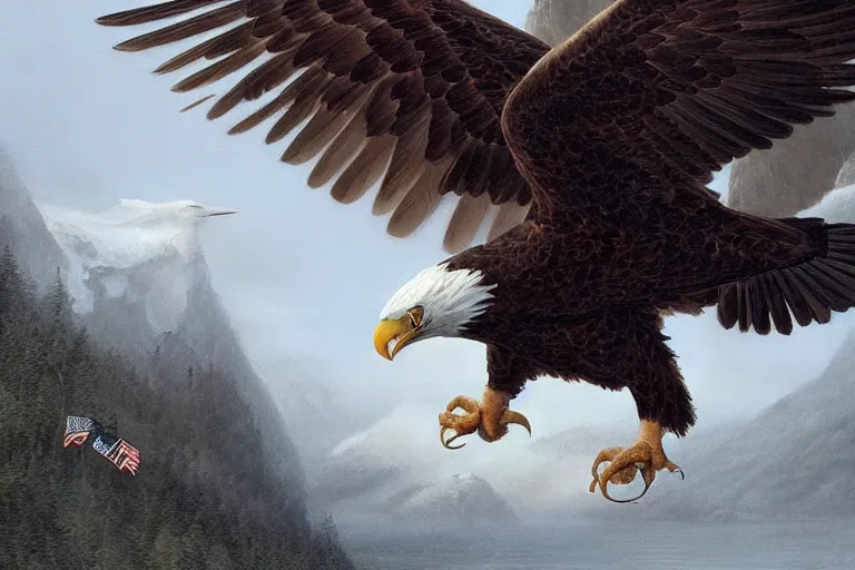 Image similar to bald eagle attacking steven seagal, intricate, elegant, highly detailed, digital painting, artstation, concept art, smooth, sharp focus, illustration, art by greg rutkowski, masterpiece, perfect composition, award - winning photography, cgsociety, patriotic