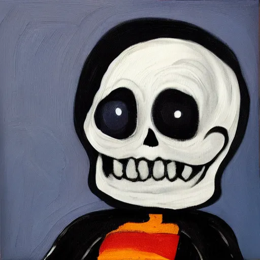 Prompt: smiling skeleton with puffy blue jacket and black shorts, painting