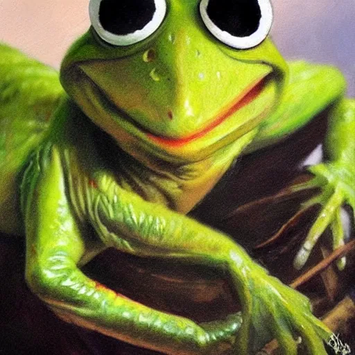 Image similar to ultra realistic portrait painting of kermit the frog, art by frank frazetta, 4 k, ultra realistic, highly detailed, epic lighting