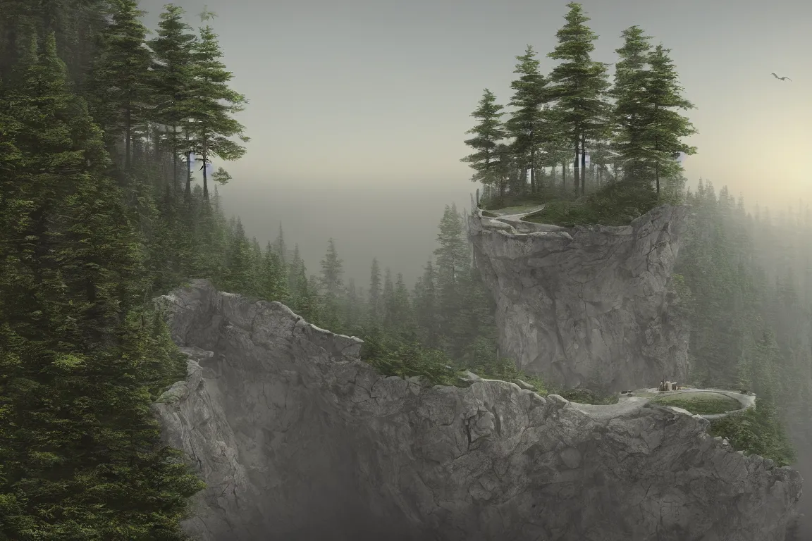 Image similar to A beautiful matte drawing of a ellipse-shaped building with rounded windows, standing on a large cliff near a coniferous forest. A thin stone bridge goes over the cliff. View from afar, photorealism, fog, 8k, 16k