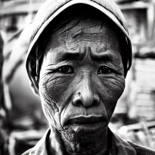 Image similar to a dramatic portrait of worker from asia, cinematic lighting