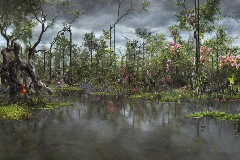 Image similar to hyperrealism, scene from louisiana swamps, starship, spring blooming flowers garden, true detective, 8 0 s japanese sci - fi books art