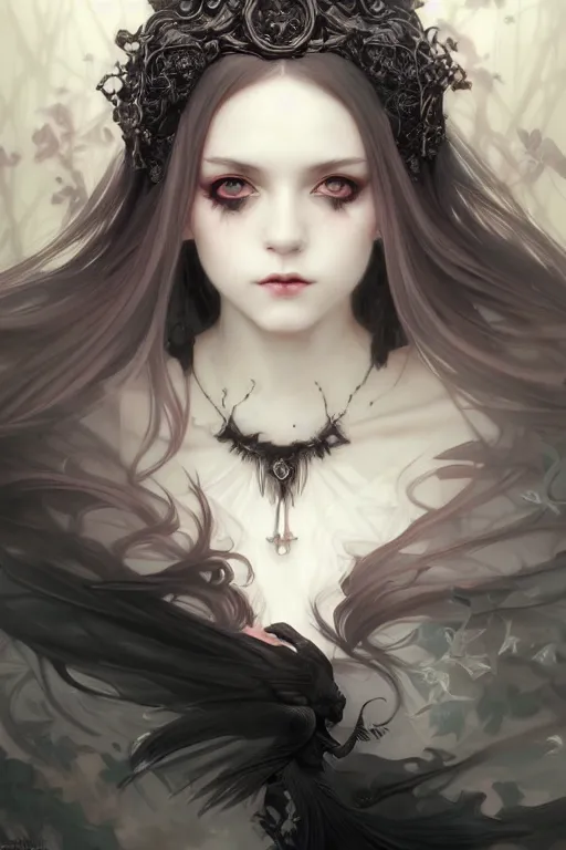 Image similar to portrait of radical lolita girl, dreamy and ethereal, dark eyes, peaceful expression, ornate goth dress, dark fantasy, chaotic, elegant, black crows flying, highly detailed, digital painting, artstation, concept art, smooth, sharp focus, illustration, art by artgerm and greg rutkowski and alphonse mucha