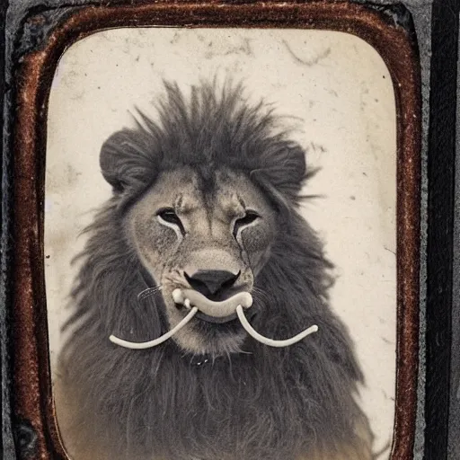 Image similar to tintype photo of a lion with a snake in his mouth