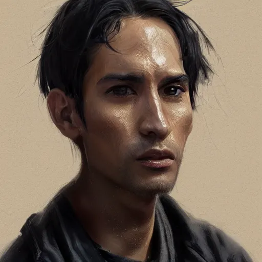 Prompt: portrait of a peruvian man by greg rutkowski, he is about 3 0 years old, short black hair with bangs, very tall and slender, he is wearing a beige and black utility jumpsuit, highly detailed portrait, digital painting, artstation, concept art, smooth, sharp focus ilustration, artstation hq