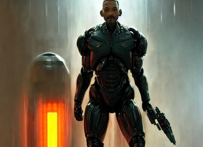 Image similar to will smith as victor stone, full body concept, cyborg, borg, strogg, face of a man, terminator, flesh, quake strogg, doom demon, wolfenstein, monstrous, powerful, symmetry, symmetrical, concept art by ruan jia and greg rutkowski