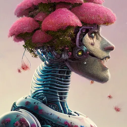 Prompt: highly detailed surreal vfx portrait of a robot with flowers growing out of its head, stephen bliss, unreal engine, greg rutkowski, loish, rhads, beeple, makoto shinkai and lois van baarle, ilya kuvshinov, rossdraws, tom bagshaw, global illumination, detailed and intricate environment