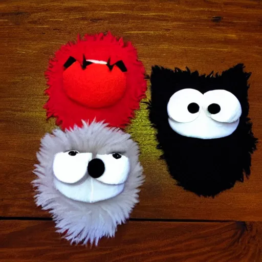 Image similar to three elmo heads in the style of three wolf moon