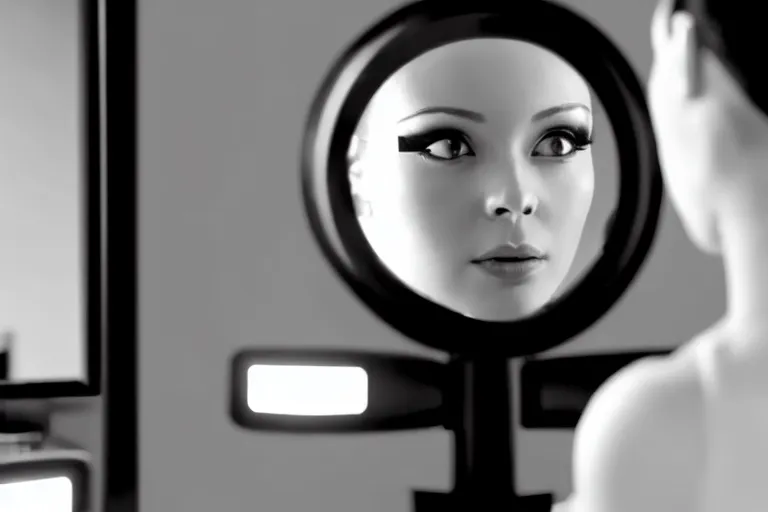 Prompt: beautiful female android, putting on makeup in front of a bathroom mirror, cinematic black and white movie still