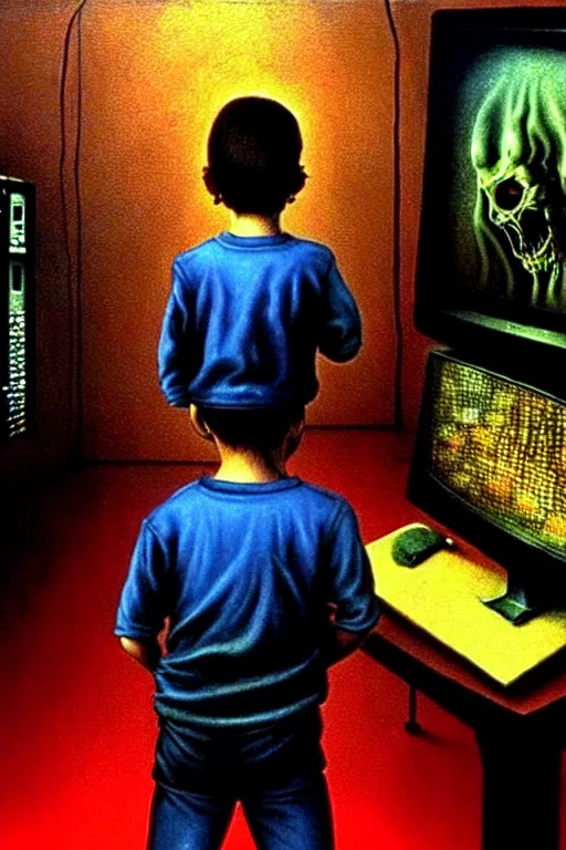 Image similar to realistic detailed color photo of a standing figure of a five years old boy in front of a PC computer monitor in an old dirty soviet apartment . screenshot of the game doom2 on the monitor screen, by and Mark Brooks, Neo-Gothic, gothic, rich deep colors. Beksinski painting, from a movie by David Cronenberg. masterpiece. realistic detailed image. Photographed with Leica Summilux-M 24 mm lens, ISO 100, f/8, Portra 400, kodak film, anamorphic lenses. high quality