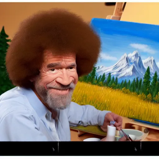 Prompt: a closeup photorealistic photograph of bob ross working on a canvas painting cookie monster. film still. brightly lit scene. mountains and trees. this 4 k hd image is trending on artstation, featured on behance, well - rendered, extra crisp, features intricate detail, epic composition and the style of unreal engine.