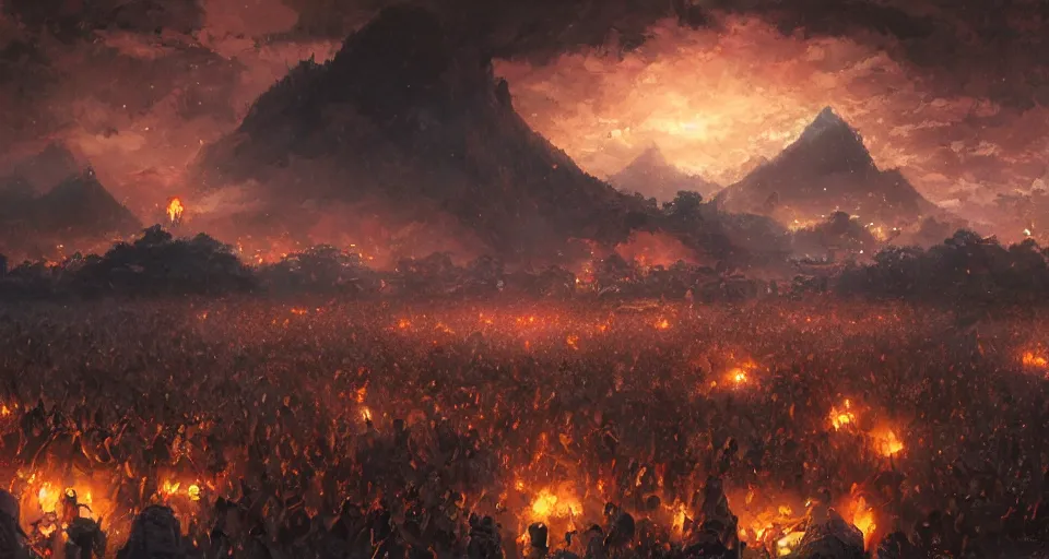Image similar to craig mullins and ghibli digital art of zhongyuan festival in china ， lanterns ， unreal hell door with fire in the sky, black night sky, stars, below is the crowd, rivers, villages ， unreal engine, hyper realism, realistic shading, cinematic composition, realistic render, octane render, detailed textures, photorealistic, wide shot