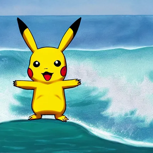 Prompt: pikachu surfing on the great wave