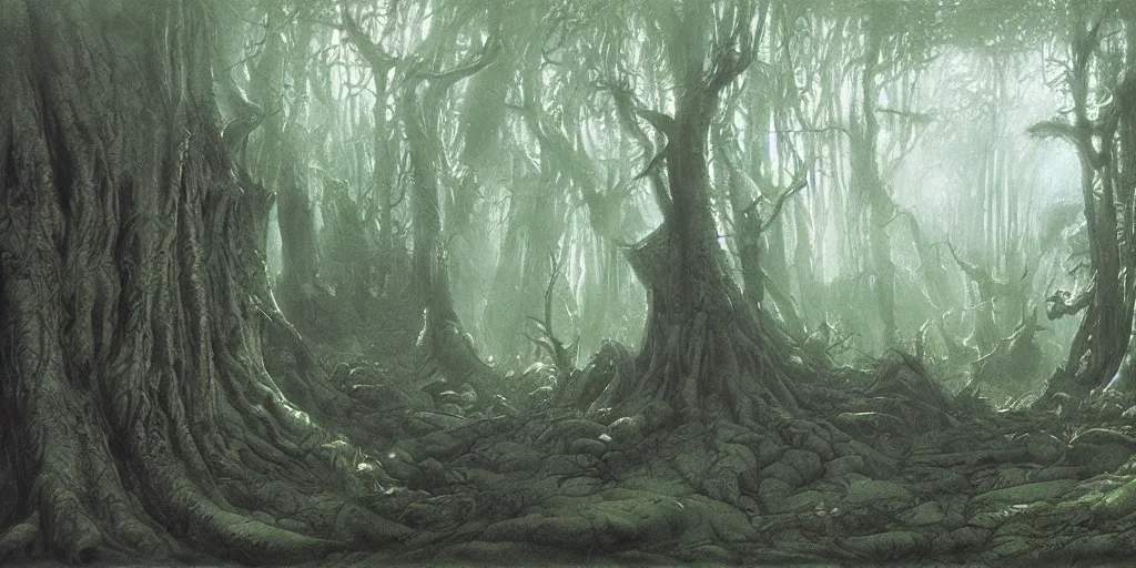 Prompt: Artwork by John Howe of the cinematic view of the Woodland of the Dark Lord.