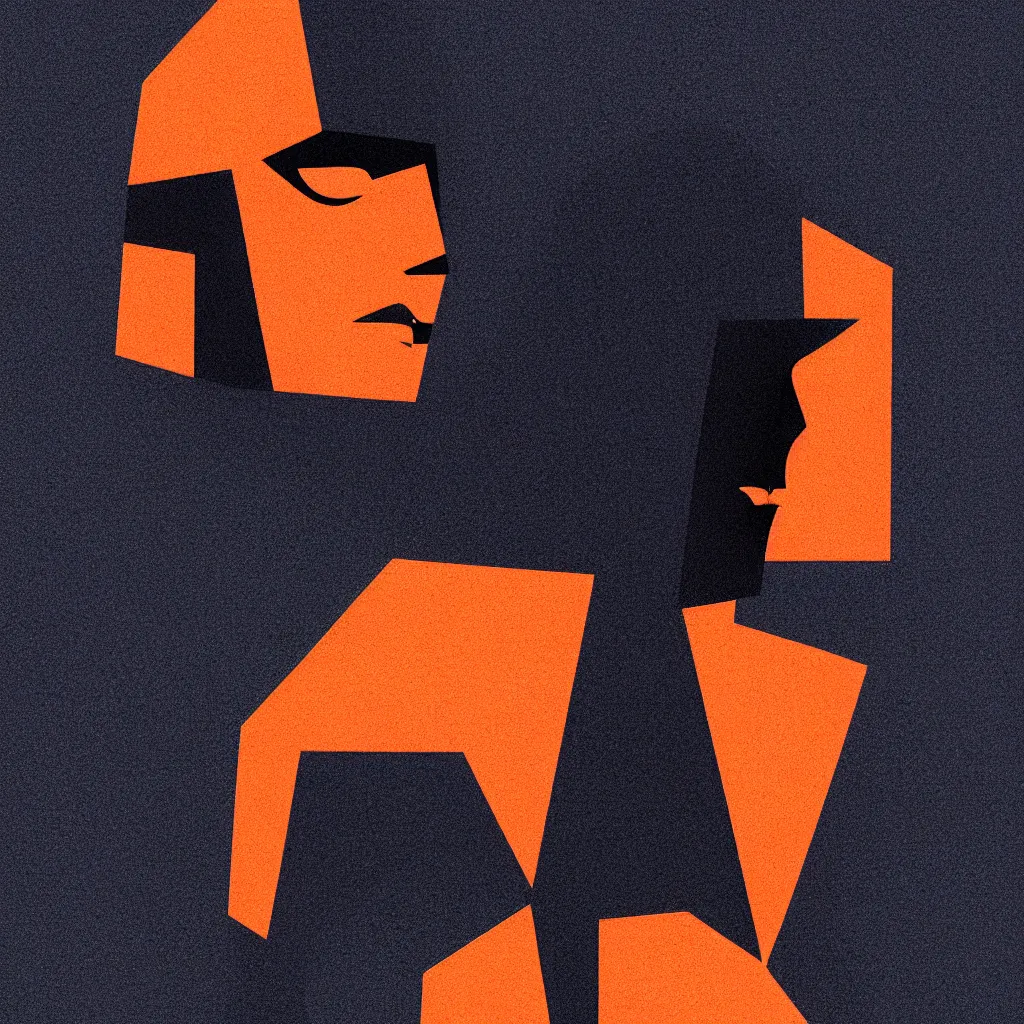 Image similar to beautiful symmetrical face by, mads berg, karolis strautniekas, film noir, stippled light, dramatic lighting, editorial illustration, detailed, fine texture, matte print, art deco, brutalism, dark blue + dark orange, red, black, ( ( habitat 6 7 background ) )