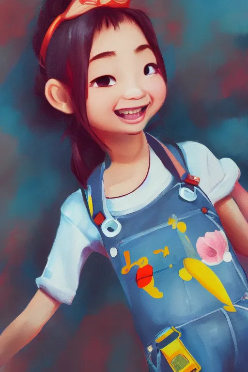 Prompt: a painting of cute Asian girl smiling, plastic overalls, in the style of Pixar animation, low angle view, 16mm lens, award winning, hyper detailed, dramatic lighting, artstation, octane renderer, unreal engine