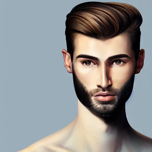 Image similar to tall man in his twenties with brown blond short quiff hair and thin slightly round facial structure with cleft chin, straight eyebrows and prominent nose and shadow of beard, good definition of cheekbones, big hazel nut brown eyes, narrow face, slim body, atmospheric lighting, painted, intricate, 4 k, highly detailed by charlie bowater